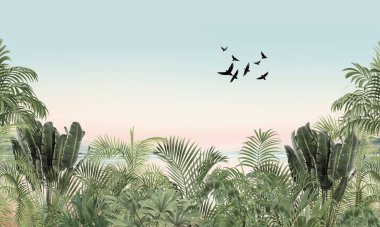 İnce Doğa Duvarı Duvarı: Solmuş Yeşil Yaprak, Palmiyeler, Pastel Horizon & Kuşları