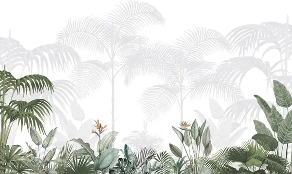 Sakin Botanik Duvarı Duvarı: Nazik Yeşil Avuçlar ve Egzotik Yapraklar Arkaplanı