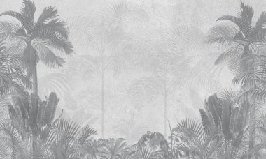 Modern Doğa Duvarı Duvarı: Gri Tonlu Palmiye Ağaçları ve Egzotik Bitkiler Arkaplanı