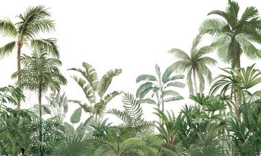 Modern Doğa Duvarı: Gri Tonlu Palmiye Ağaçları, Egzotik Bitkiler ve Uçan Kuşlar