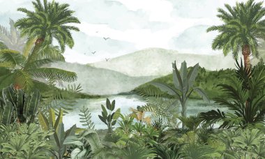 Tropik Cennet Duvarı: Verdant Hills, Serene Gölü / Nehrine Bakan Yapraklar