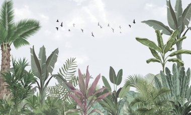 İnce Doğa Duvarı Duvarı: Soluk Yeşil Yapraklar, Pembe Tonlar ve Uçan Kuşlar