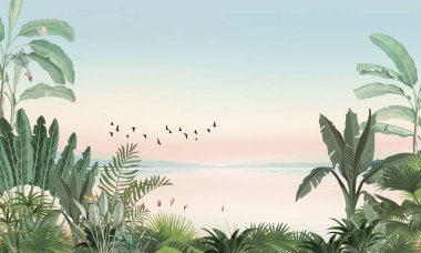 İnce Doğa Duvarı Duvarı: Solmuş Yeşil Yaprak, Kuşlar ve Pastel Horizon Gölü Üzerinde