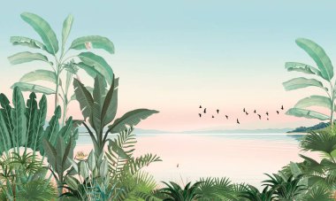 İnce Doğa Duvarı Duvarı: Solmuş Yeşil Yaprak, Palmiye ve Pastel Ufku Gölün Üzerinde