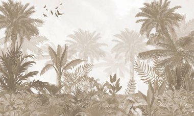Yaşlanmış Doğa Duvarı: Uçan Kuşlarla Solmuş Sepya Tropikal Bitkiler Arkaplanı