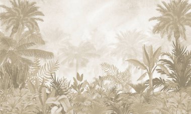 İnce Doğa Duvarı Duvarı: Solmuş Sepya Tropikal Bitkileri ve Soyut Arkaplan