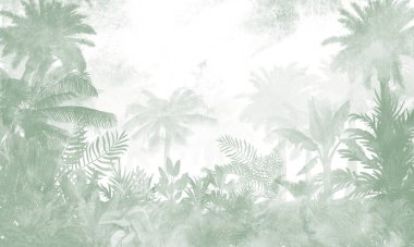İnce Doğa Duvarı Duvarı: Soluk Yeşil Tropikal Bitkiler ve Soyut Arkaplan