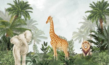 Canlı Vahşi Yaşam Duvarı Duvarı: Egzotik Fil, Zürafa, Aslan & Tropikal Yapraklar