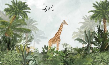 Minimalist Vahşi Yaşam Duvarı Duvarı: Nazik Zürafa, Yumuşak Yeşil Tropikal Ormandaki Kuşlar