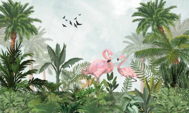 Lush Safari Duvarı Duvarı: Yeşil Tropik Manzarada Egzotik Flamingo