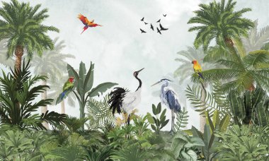 Lush Safari Duvarı Duvarı: Egzotik Turna, Yeşil Tropikal Manzada Kuşlar