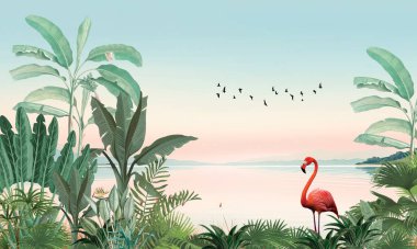 Minimalist Vahşi Yaşam Duvarı: Nazik Flamingo, Yumuşak Yeşil Tropikal Ormandaki Tukanlar