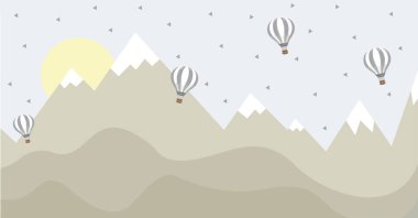 Minimalist Dağ manzarası Sıcak Hava Balonları ve Güneş Yumuşak Pastel Çocuk Odası veya Çocuk Dekorasyonu Duvarı Sanatı