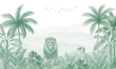 Playful Jungle Animals Print: Sessiz Yeşil Aslan Ailesi Çocuk Duvarları İçin İdeal