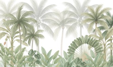 Sessiz Yeşil Tropikal Duvar Duvarı: Palmiye Ağaçları ve Solmuş Kemer Yolları Dekorasyonu