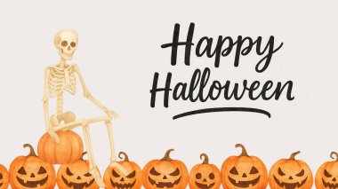 Balkabağıyla Oturan İskelet ve Cadılar Bayramı Mesajı - Balkabağı Sınırı Clipart