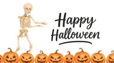 Mutlu Cadılar Bayramı Metni ile Komik İskelet ve Balkabağı Sınırı - Suluboya Clipart
