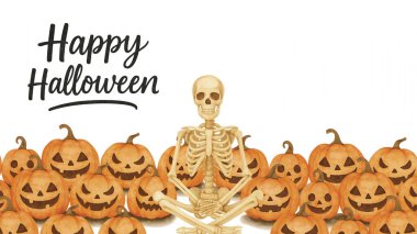 Çevrelenmiş iskelet Jack-o 'Lanternler ve Mutlu Cadılar Bayramı Metinleri Sevimli Düşme Clipart