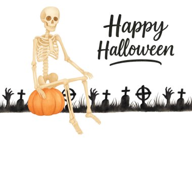 İskelet Mezarlıkta Balkabağıyla Oturuyor - Mutlu Cadılar Bayramı Clipart