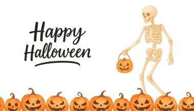 İskelet Tutucu Balkabağı Numarası veya Şeker Torbası - Suluboya Cadılar Bayramı Zirvesi