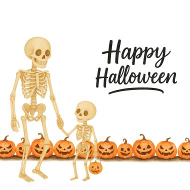 Balkabaklı İskelet Baba ve Çocuk ve Mutlu Cadılar Bayramı Mesajları