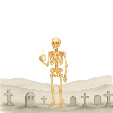  Mezarlıkta Şarap ile Cadılar Bayramı İskeleti Suluboya Mezarlık Çizimi