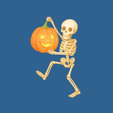 Dans eden İskelet Kucağında Jack-o-Fener Şirin Cadılar Bayramı Fotoğrafı Mavi Arkaplanda