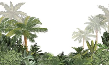 Palmiye ağaçlarıyla tropik manzara Watercolor Illustration, Egzotik Sahne