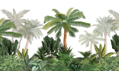 Palmiye ağaçlarıyla tropik manzara Watercolor Illustration, Egzotik Sahne