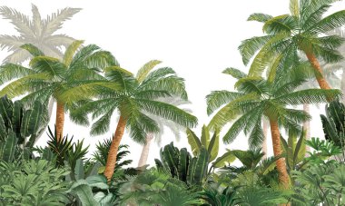 Palmiye ağaçlarıyla tropik manzara Watercolor Illustration, Egzotik Sahne