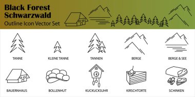 Bu vektör simgesi seti Schwarzwald, Kara Orman 'ın sembollerini içerir. Temiz, modern taslak tarzı geleneksel ve kültürel unsurları içerir. Tüm simgeler tam ölçeklenebilir vektör dosyalarıdır.