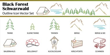 Bu vektör simgesi seti Schwarzwald, Kara Orman 'ın sembollerini içerir. Temiz, modern renkli taslak tarzı geleneksel ve kültürel unsurları içerir. Tüm simgeler tam ölçeklenebilir vektör dosyalarıdır.
