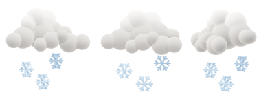 Çıtır çıtır kar taneleri düşen üç boyutlu sevimli kar bulutları. Kış temalı projeler için minimum ve temiz tasarım. 3 farklı perspektiften görüntüleme, izole edilmiş.
