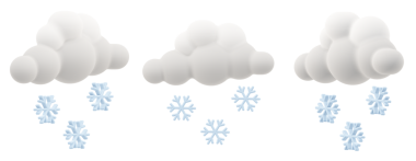 Üç boyutlu hava ikonları, kar taneleri düşen tüylü beyaz bulutları gösteriyor. Karlı havanın yumuşak ve temiz bir temsili. 3 farklı perspektiften görüntüleme, izole edilmiş.