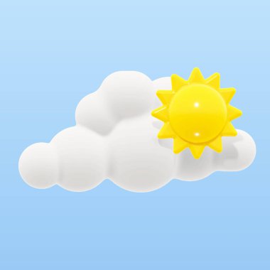 Vektör 3 boyutlu hava ikonu bulutun önünde güneşi gösteriyor. Yumuşak, parlak bir çizgi film stili ve canlı sarı. Beyaz bir arkaplanda izole edilmiş.