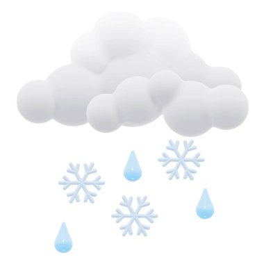 Gerçekçi yağmur damlaları ve kar taneleri düşen 3 boyutlu şirin vektör bulutları. Bu simge, hava durumu uygulamaları ve bilgi grafikleri için mükemmel olan karışık hava koşullarını temsil eder.