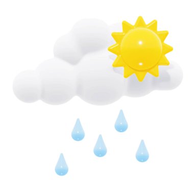 Tüylü beyaz bulutları, parlak sarı güneşi ve parlak çizgi film tarzında yumuşak mavi yağmur damlalarını gösteren üç boyutlu oyuncu ikonu.