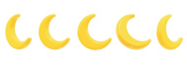 Hilal şeklinde 3 boyutlu, yumuşak sarı tonlarda 5 adet parlak ay simgesi. Her uydu farklı bir açıdan gösteriliyor. Hava durumu uygulamaları, gece modu arayüzleri, yatma zamanı grafikleri için mükemmel. İzole edilmiş.