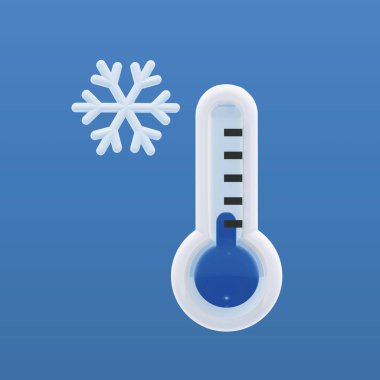 3D vektör EPS. Mavi termometreyle eşleşen kar taneleri soğuk havayı ya da soğuk havayı simgeliyor. Parlak, modern tasarım onu hava tahminleri, uygulamalar, kış promosyonları için ideal kılıyor..