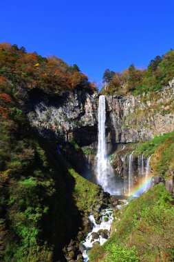Japonya 'nın güzel manzarası Nikko Kegon Şelaleleri sonbahar yaprakları mevsiminde