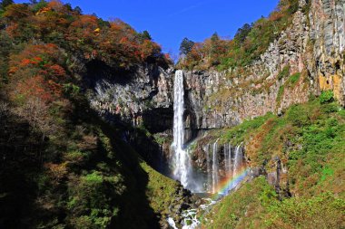 Japonya 'nın güzel manzarası Nikko Kegon Şelaleleri sonbahar yaprakları mevsiminde