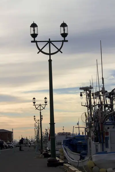 stock image Kushiro Port at dusk with its rows of streetlights