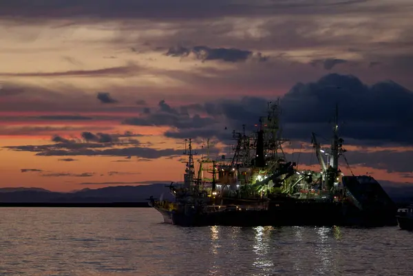 stock image Kushiro Port at dusk with fishing vessels anchored