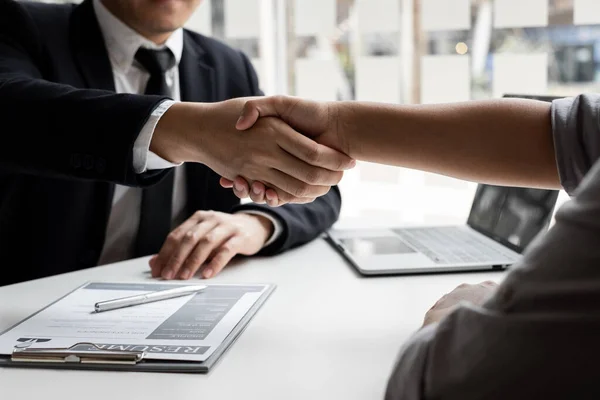 stock image Business owners making handshake with job applicants to agree employ in the office, Job applications concepts.