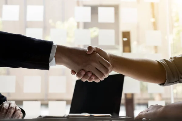 stock image Business owners making handshake with job applicants to agree employ in the office, Job applications concepts.