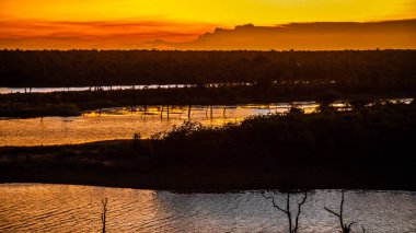 Güney Afrika Kruger Ulusal Parkı 'ndaki Mopani Gölü' nün panoramik günbatımı manzarası
