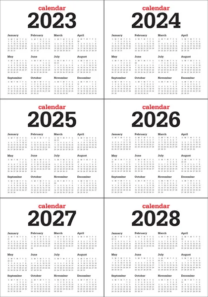 2023 2024 2025 2026 2027 2028日历年矢量设计模板 简单明了 — 图库矢量图片#