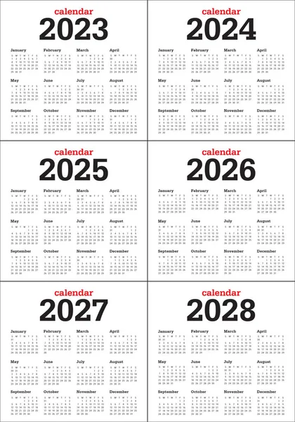 2023 2024 2025 2026 2027 2028 Kalenderjaar Model Voor Vectorontwerp — Stockvector