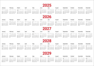 2025-2029 Yıl Takvimi 