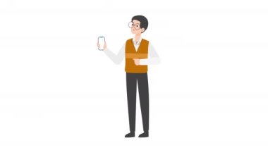 Mobil akıllı telefonlu sıradan giysili genç bir adam. Çizgi film karakteri. izole vektör illüstrasyonu.
